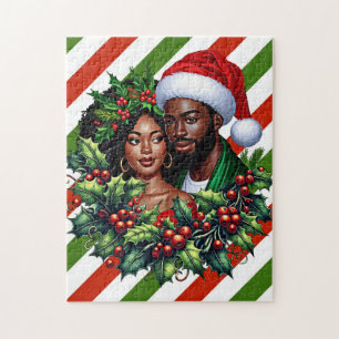 美しいブラックカップルホリーのクリスマスリースアート ジグソーパズル