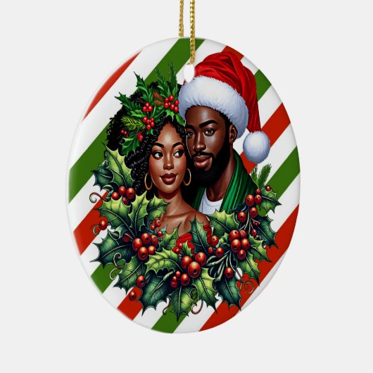 美しいブラックカップルホリーのクリスマスリースアート セラミックオーナメント (右)