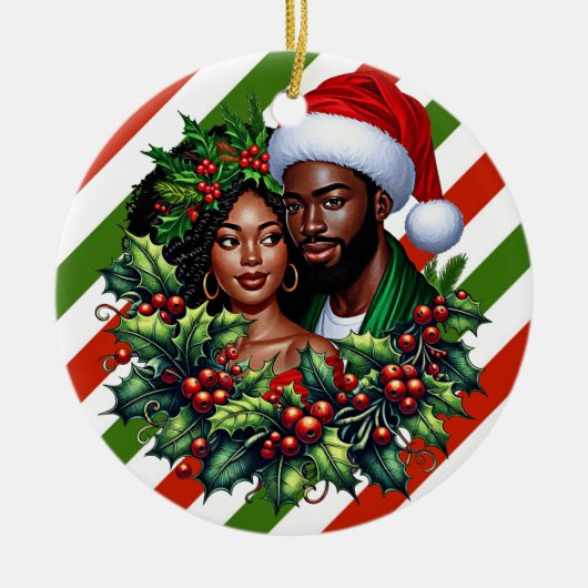 美しいブラックカップルホリーのクリスマスリースアート セラミックオーナメント (正面)
