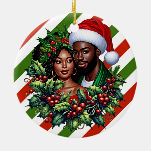 美しいブラックカップルホリーのクリスマスリースアート セラミックオーナメント (裏面)