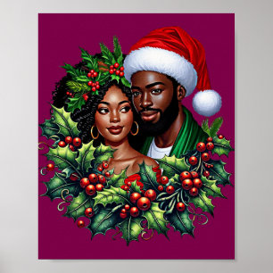 美しいブラックカップルホリーのクリスマスリースアート ポスター