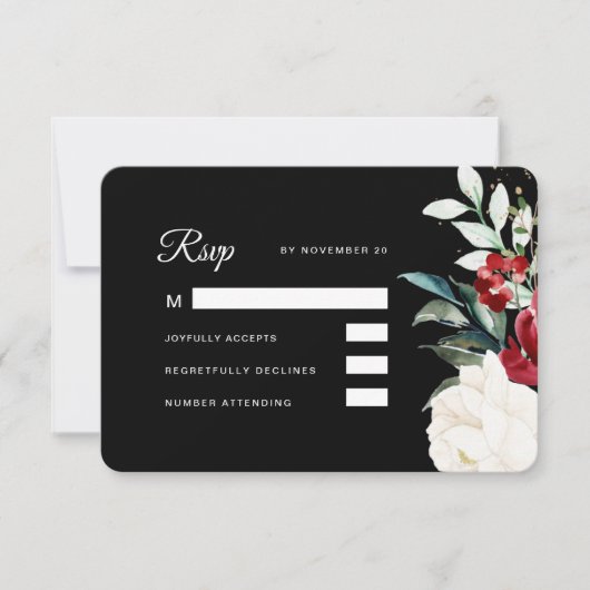 美しいブラックフローラ結婚クリスマス 出欠カード (正面)
