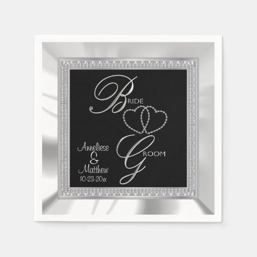 美しいブラック、シルバー、ホワイトサテン結婚ズ スタンダードカクテルナプキン (正面)