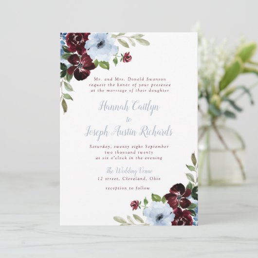 美しいブルゴーニュのダスティブルー結婚フローラ 招待状 (スタンド正面)