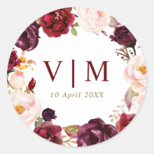 美しいブルゴーニュの赤いフローラ結婚ステッカー