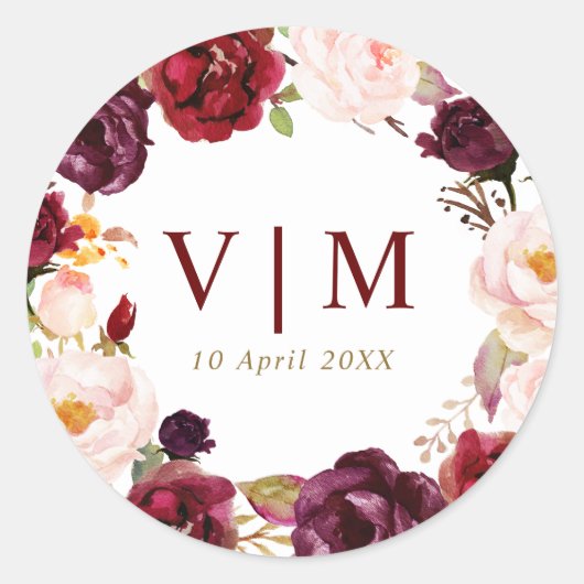 美しいブルゴーニュの赤いフローラ結婚ステッカー ラウンドシール (正面)