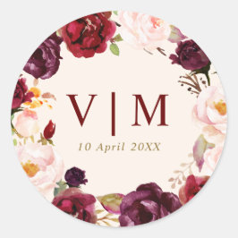 美しいブルゴーニュの赤いフローラ結婚ステッカー ラウンドシール