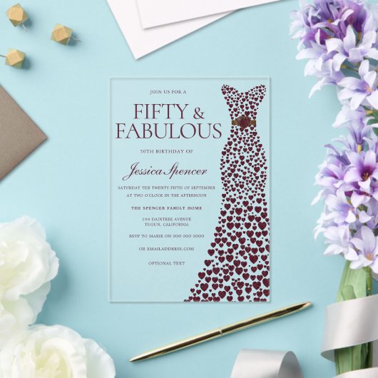 美しいブルゴーニュエレガントドレス50誕生日 アクリル招待状 (インサイチュ (ウェディング))