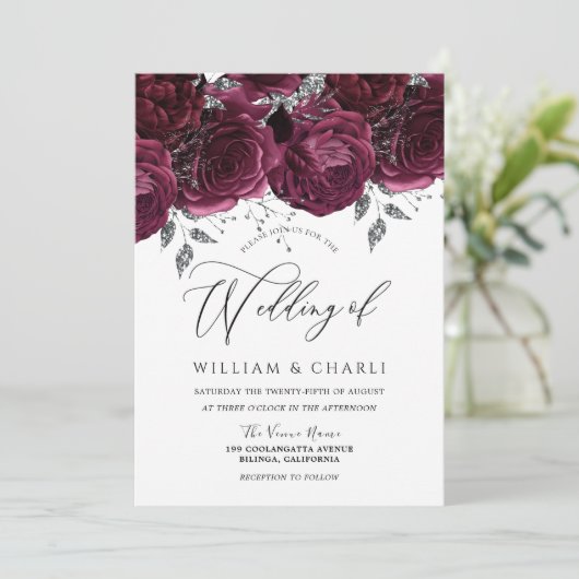 美しいブルゴーニュバラエレガントな結婚式 招待状 (スタンド正面)