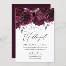 美しいブルゴーニュバラエレガントな結婚式 招待状