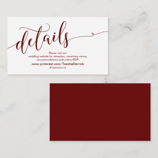 美しいブルゴーニュ結婚のウェブサイト詳細 エンクロージャーカード (正面/裏面)