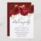 美しいブルゴーニュ赤いバラのクリスマスパーティー 招待状 (正面/裏面)