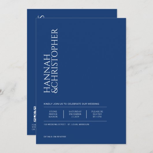 美しいブルーと詳細とQRコード結婚ズ 招待状 (正面/裏面)