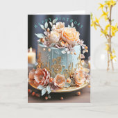 美しいブルーのケーキにピンクのお花を飾ったハッピーバースデーカード カード (黄色い花)