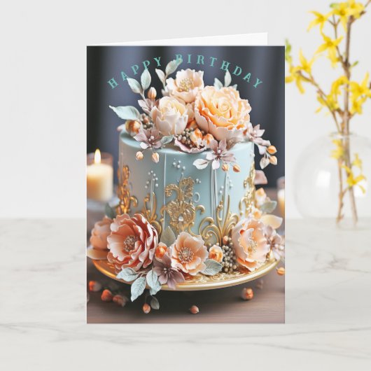 美しいブルーのケーキにピンクのお花を飾ったハッピーバースデーカード カード (黄色い花)