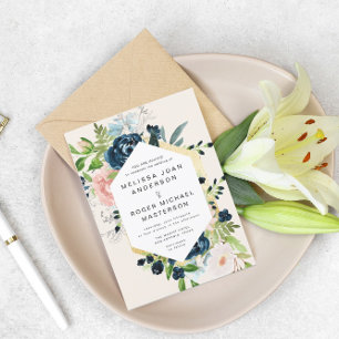 美しいブルーのゴールド フローラル ウェディング 招待状