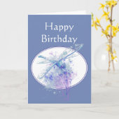 美しいブルーのトンボの自然アート 誕生日おめでとう カード (黄色い花)