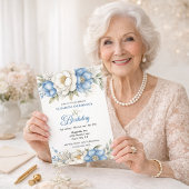 美しいブルーのマグノリアと芍薬の99歳の誕生日 招待状