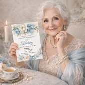 美しいブルーのモクレンとボタン柄の98歳の誕生日 招待状