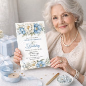 美しいブルーのモクレンと芍薬の90歳の誕生日 招待状