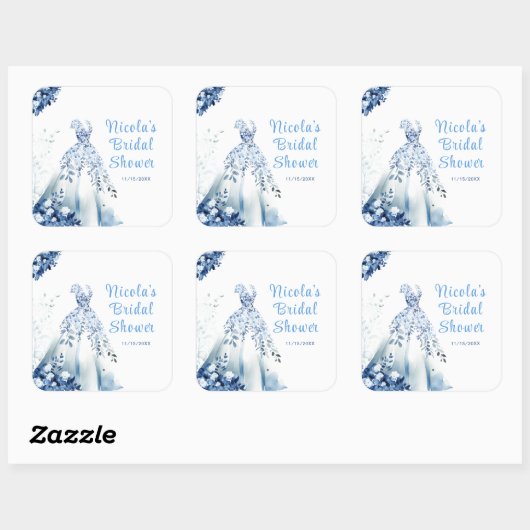 美しいブルーの花柄ドレス ブライダルシャワー スクエアシール (シート)
