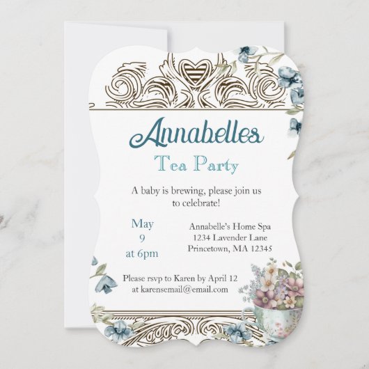 美しいブルーの花柄 ティーパーティー ベビーシャワーのお知らせ 招待状 (正面)