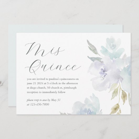 美しいブルーの花柄 15歳の誕生日 クインセアニエラ 招待状 (正面/裏面)