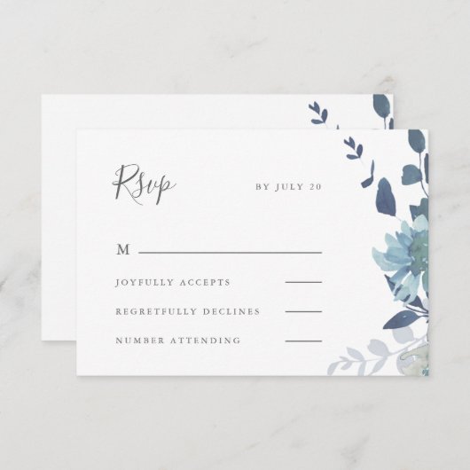 美しいブルーウォーター色のフローラ結婚ズ 出欠カード (正面/裏面)