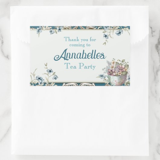 美しいブルーウォーター色フローラティーパーティー 長方形シール (バッグ)