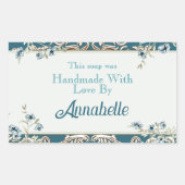 美しいブルーウォーター色フローラ手作り石鹸 長方形シール (正面)