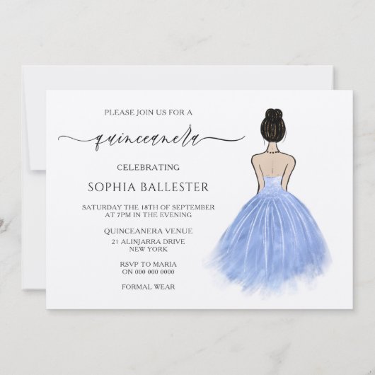 美しいブルーガウンドレススクリプトキンセアニェラパーティー 招待状 (裏面)