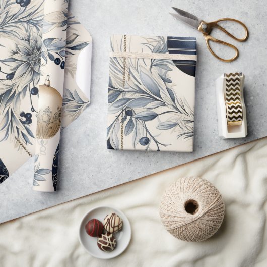 美しいブルークリスマスフローラバウブル ラッピングペーパー (クラフト)