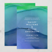 美しいブルーグリーンの水彩ウェディング 招待状 (正面/裏面)