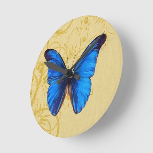 美しいブルーバタフライヴィンテージアート ラウンド壁時計 (傾斜)