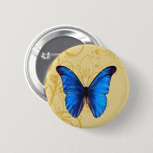 美しいブルーバタフライヴィンテージアート 缶バッジ (正面&裏面)