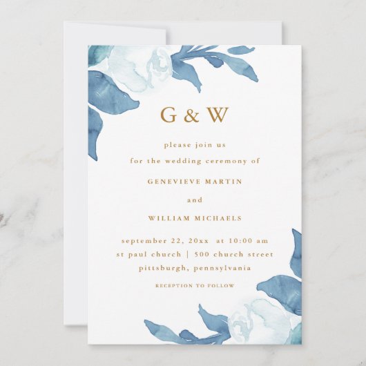 美しいブルーフローラと金ゴールドカラーモノグラム 招待状 (正面)