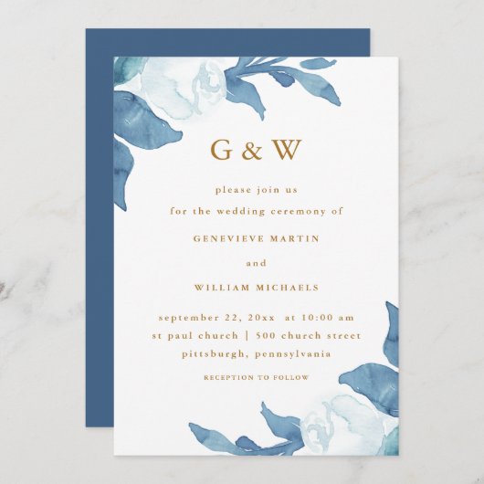 美しいブルーフローラと金ゴールドカラーモノグラム 招待状 (正面/裏面)