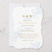 美しいブルーフローラと金ゴールドカラーモノグラム 招待状 (正面)