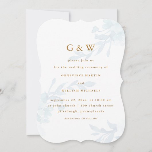 美しいブルーフローラと金ゴールドカラーモノグラム 招待状 (正面)