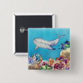 美しいブルーホエールウォーターカラーコーラルリーフ 缶バッジ (正面&裏面)