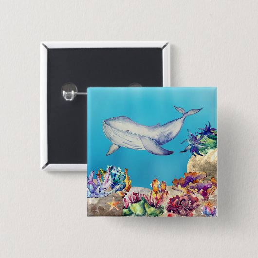 美しいブルーホエールウォーターカラーコーラルリーフ 缶バッジ (正面&裏面)