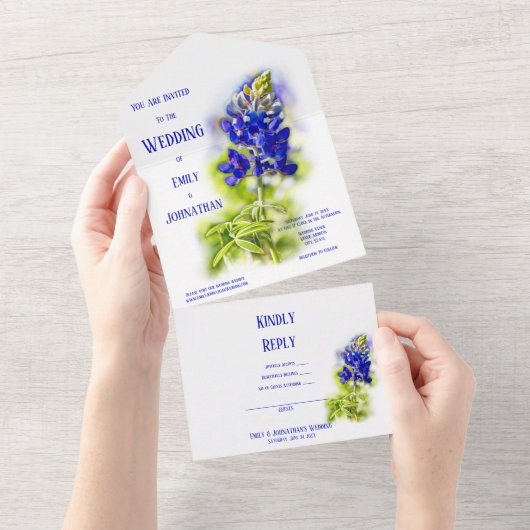 美しいブルーボンネットモダン結婚フローラ オールインワン招待状 (貼ってはがせる)