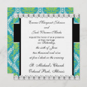 美しいブルーライムグリーンとクリーム華美ダマスク 招待状 (正面/裏面)