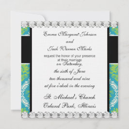 美しいブルーライムグリーンとクリーム華美ダマスク 招待状