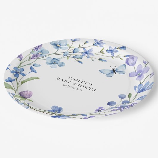 美しいブルーワイルドフラワーリースベビーシャワー ペーパープレート (アングル)