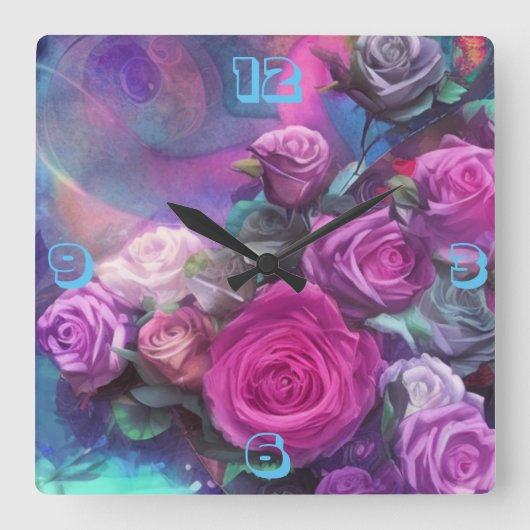 美しいブーケのバラウォールクロック スクエア壁時計 (正面)