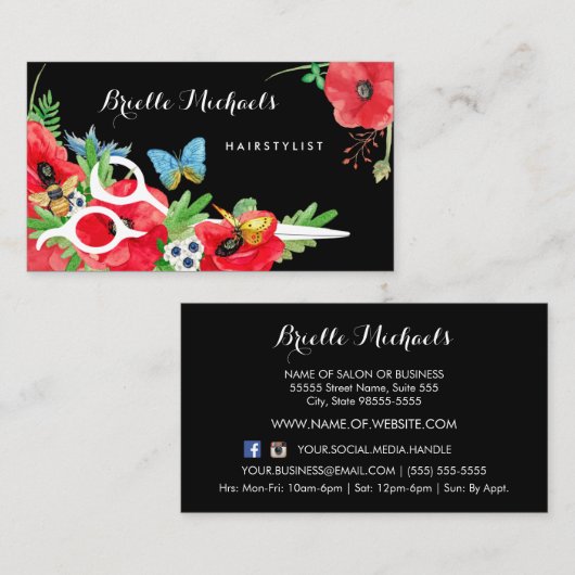 美しいヘアスタイリスト赤いポピーフローラと鋏 名刺 (正面/裏面)