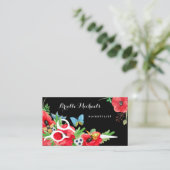 美しいヘアスタイリスト赤いポピーフローラと鋏 名刺 (スタンド正面)