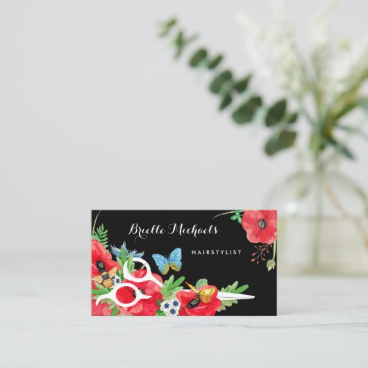 美しいヘアスタイリスト赤いポピーフローラと鋏 名刺 (スタンド正面)