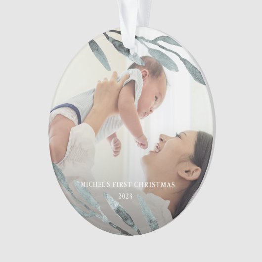 美しいベビーの初めてのクリスマス青い写真 オーナメント (正面)
